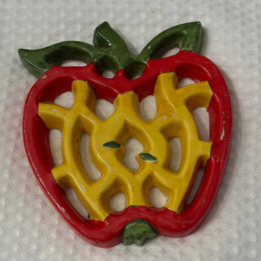 Vintage Cast Iron Apple Trivet Red Yellow Green Painted Lattice Kitchen Decor